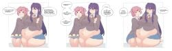 2girls bbw chubby chubby_female dialogue doki_doki_literature_club female female_only huge_belly human napolitane natsuki_(doki_doki_literature_club) sitting text yuri_(doki_doki_literature_club)