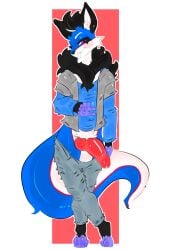 absurd_res animal_genitalia animal_penis anthro anthro_only balls bisamon bodily_fluids bottomwear bottomwear_down canid canine canine_genitalia canine_penis canis clothed clothing cobalt_(texiefox) genital_fluids genitals hi_res knot knotted_penis male mammal pants pants_down partially_clothed penis precum presenting presenting_penis smile smiling_at_viewer solo wolf