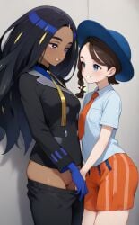 2girls ai_generated artist_request black_hair black_jacket black_pants blue_eyes blue_hat braid brown_hair dark-skinned_female dark_skin female female_only from_side geeta_(pokemon) hat interracial juliana_(pokemon) long_hair multicolored_hair naranja_academy_school_uniform neck_ribbon necktie orange_necktie orange_shorts pants pants_pull pokemon pokemon_sv pussy shorts single_braid undressing_another white_shirt yellow_ribbon yuri