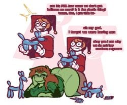 1dickgirl 1girls areolae balloon balloon_animal blush bottomless condom condom_balloon dc dc_comics english english_text fat_ass green_skin harley_quinn jester jester_hat poison_ivy redhead smile smiley_face text text_box thick_ass thick_thighs trans_woman transfem xenopavilia