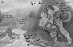 absurd_res anthro ass belt_buckle bodily_fluids bottomwear buckle butt_grab canid canine canis clothed clothed_sex clothing detailed_background dialogue domestic_dog dominant duo erection eye_roll forced fur furred_clothing german_shepherd grin hand_in_mouth hand_on_butt herding_dog hi_res hiding hiding_behind_object knot legs_around_partner limp_arms loincloth male male/male mammal monochrome mountain muffled muffled_moaning muscular mustelid narrowed_eyes otter outside partially_clothed pastoral_dog pinned pinned_to_wall plant rape rear_view rock scenery sea sea_otter sea_side sex shirt smile sound_effects stealth_sex tail text threatening three-quarter_view topwear tree village vyarwolf water wave wraps