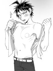 blush danganronpa danganronpa_2:_goodbye_despair hinata_hajime male male_focus male_only monochrome nipples pants pasties puffy_nipples shirtless shirtless_male solo solo_focus solo_male stripping taking_clothes_off taking_shirt_off undressing uurin