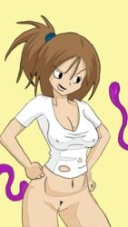 bottomless brown_hair cleavage erika erika_(living_with_hipstergirl_and_gamergirl) gamergirl jago_dibuja living_with_hipstergirl_and_gamergirl long_hair nipples partially_clothed pubes pubic_hair pussy shirt smile standing tentacle