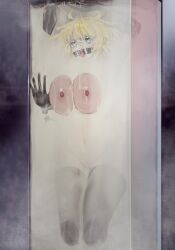 absurdres against_glass animal_ears blonde_hair breast_press breasts breasts_on_glass cuffs cum cum_bath cumdump female gag gloves handcuffs highres large_breasts le_fantasque_buhuijiashuai rabbit_ears ring_gag thighhighs warship_girls_r