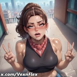 ai_generated bandana brown_eyes brown_hair dark-skinned_female dark_hair dark_skin double_v grand_theft_auto grand_theft_auto_vi hi_res high_resolution highres latina looking_at_viewer lucia_caminos penis tongue tongue_out vexnflex watermark