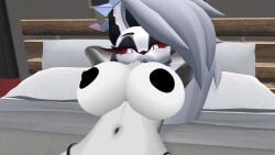 anthro big_breasts breasts furry furry_female laying_on_bed looking_at_viewer loona_(helluva_boss) panties_only solo_female vrchat vrchat_avatar vrchat_model