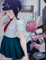 3d big_penis blowjob boku_no_hero_academia cybrokrimson dark-skinned_male dark_skin facepalm hands-free interracial jirou_kyouka mina_ashido my_hero_academia penis public_sex school_uniform slutty_pose small_breasts squatting street thick_thighs
