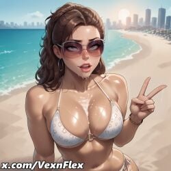 ai_generated athletic_female aviator_sunglasses beach bikini brown_eyes brown_hair dark-skinned_female dark_hair dark_skin fit_female grand_theft_auto grand_theft_auto_vi hi_res high_resolution highres hoop_earrings latina lucia_caminos outdoors peace_sign sunglasses vexnflex watermark