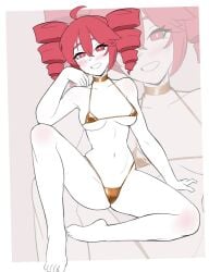 1girls 2d 2d_(artwork) ahoge ater18 bare_shoulders barefoot belly big_breasts bikini blush blushing breasts choker feet female female_only gold_bikini golden_bikini golden_week kasane_teto large_breasts micro_bikini midriff navel red_eyes red_hair skimpy skimpy_bikini skindentation slim slim_waist solo solo_female spread_legs thick_thighs thighs toes twin_drills utau