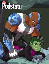 2boys beast_boy big_bulge bigger_dom_smaller_sub bulge cybernetic_limbs cyborg cyborg_(dc) dark-skinned_male dark_skin dc dc_comics erection_under_clothes garfield_logan gay green_hair green_skin imminent_anal imminent_penetration imminent_sex male male_only podstatu sex size_difference teen_titans yaoi