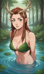 1girls ai_generated antlers ass bigmic145 bikini breasts brown_hair critical_role critical_role:_vox_machina curvy elf elf_ears female female_only freckles green_eyes keyleth leaf_bikini leaf_clothing long_hair pointy_ear the_legend_of_vox_machina