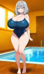 ai_generated blue_eyes huge_breasts one-piece_swimsuit pool school_swimsuit silver_hair smile tejina_senpai tejina_senpai_(character) thick_thighs