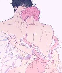 bamby_(plave) closed_eyes dark_blue_hair maid_apron pink_hair plave purple_eyes satisfied shirt shirt_grab shy sitting_on_lap sweatdrop white_shirt yejun_(plave)