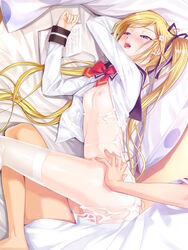 1boy bed blonde_hair blush book censored cum female happoubi_jin human kanojo_x_kanojo_x_kanojo long_hair male orifushi_mafuyu sex small_breasts stockings straight thighhighs tied_hair twintails