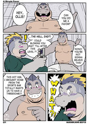 2013 bed black_hair blonde_hair blush bulge chubby clothing dialog dyed_hair facial_hair furry furry_only goatee hair hippo hyde_baysch male male_only ollie_baysch overweight penis ponytail shirt smile text tied_hair underwear wanikami yaoi