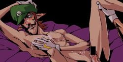 2boys after_sex barely_clothed bed bed_sheet big_mustache blush censor_bar censored_penis character_off_screen chimpoppokyoju covered_in_cum cum elf_ears erected_penis gay gay_sex gloves gloves_only hat italian laying_on_bed luigi mario_(series) moustache ms_paint mullet mullet_(hairstyle) nintendo nipple_play nipples not_ai_generated nudity off_screen_character off_screen_male_character simple_background skinny skinny_male waluigi wearing_partner's_clothes yaoi