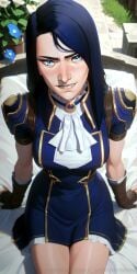 3d _yumidreams ai_generated arcane arm_support bed blue_dress blue_eyes caitlyn_(league_of_legends) caitlyn_kiramman fingerless_gloves league_of_legends looking_at_viewer on_bed police_uniform short_sleeves teeth thighs