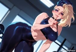 ai_generated akali akali_jhomen_tethi balecxi black_hair black_sports_bra blonde_hair blue_eyes choker cleavage female finger_to_mouth gym k/da_(league_of_legends) large_breasts league_of_legends looking_at_viewer multicolored_hair navel shushing smile solo sports_bra sweat thick_thighs tight_clothes tight_pants yoga_pants