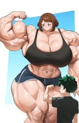 abs alternate_muscle_size flexing hyper_breasts hyper_muscles larger_female midoriya_izuku musctonk muscular_female my_hero_academia ochako_uraraka size_difference