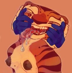 anthro bodily_fluids breasts dark_nipples disembodied_hand dreamworks drooling drooling_tongue female freckled_breasts freckles happy hi_res kung_fu_panda lanolin04 master_tigress mawplay mouth_shot open_mouth saliva saliva_on_tongue saliva_string solo tears teary_eyes teeth