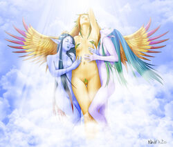 3girls angel blue_skin closed_eyes clouds colored_pubic_hair female final_fantasy final_fantasy_viii head_back head_wings light multicolored_hair multiple_girls nude pointy_ears pubic_hair siren_(final_fantasy) sky text yuri