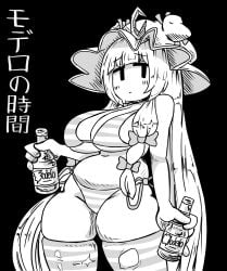 1girls big_breasts bikini black_and_white breasts drinks female hat japanese_text long_hair mob_face no_color notnoe_(dxcl) patchouli_knowledge solo solo_female striped_bikini thick_thighs thighs touhou