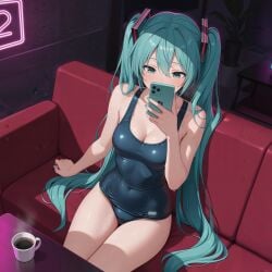 1girls ai_generated breasts cleavage female hatsune_miku medium_breasts neon_lights school_swimsuit sitting sofa sweat table