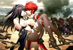 ai_generated battlefield black_hair circlet fire_emblem_awakening fire_emblem_fates hinoka_(fire_emblem) long_hair looking_at_another nipples princess_carry red_eyes red_hair self_upload short_hair stable_diffusion tharja_(fire_emblem) torn_clothes torn_thighhighs