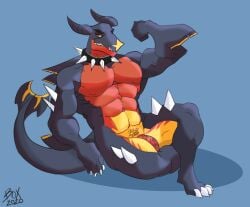 anthro balls bara flaccid flexing garchomp genericboxhead male male_only muscles muscular nintendo nude penis pokemon scalie sitting solo solo_male