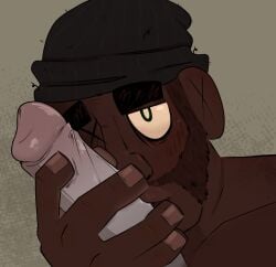 anonymous_character anonymous_penis beanie_hat beard black_male cock dark_skin demoman_(team_fortress_2) freckles green_eyes holding_penis kissing_penis looking_at_viewer looking_up_at_viewer team_fortress_2 tf2