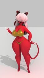3d black_lipstick blender choker demon_tail gold_bikini hair_covering_eyes hand_on_hip horns red_skin tail v_sign vrchat_model white_hair zera_(pogchampion019)