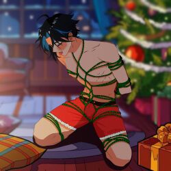 1boy abs ass asterio asterio_verse asterioverse bare_arms bare_breasts bare_legs bare_midriff bare_shoulders bare_thighs boxers_(clothing) boxers_briefs breasts bulge bulge_through_clothing clothing cristmas cristmas_gift cute_male male new_year nipples pale_skin slim slim_male solo solo_focus spread_legs twink undressing yaoi young