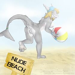 anus ball beach beach_ball breasts ear_piercing female fish gauged_ear gills hat incorgnito looking_at_viewer marine nude piercing pussy seaside shark solo wounded