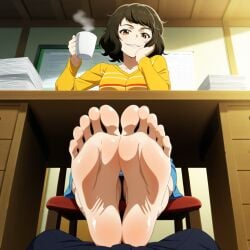 ai ai_assisted ai_generated atlus brown_eyes brown_hair feet feet_focus female_domination femdom foot_fetish foot_focus persona_5 persona_5_royal sadayo_kawakami smile sole_female soles soles_fetish