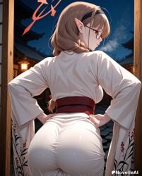 ai_generated ass bangs black_hairband braid breasts brown_eyes brown_hair chinatsu_(blue_archive) female from_behind glasses hair_over_shoulder hairband halo hands_on_hips japanese_clothes kimono large_breasts long_hair long_sleeves night novelleai obi pantylines pointy_ears sash solo white_kimono wide_sleeves