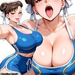 1girls ai_generated bare_shoulders big_breasts breasts capcom chun-li cleavage drooling female hair_buns inviting_to_oral looking_at_viewer open_mouth shorts solo sports_bra street_fighter teasing thick_thighs tongue_out zackwastaken01