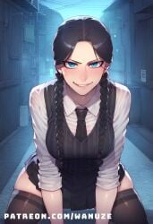 ai_generated all_fours alley big_ass big_breasts big_butt big_thighs black_hair black_panties blue_eyes blush breasts huge_ass huge_butt huge_thighs medium_breasts pleated_skirt prostitution thighhighs vest wanuze wednesday_addams wide_hips