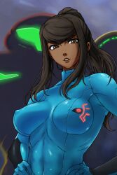 armor bodysuit breasts brown_eyes brown_hair covered_erect_nipples dark-skinned_female dark_skin female female_focus large_breasts long_hair metroid michael_f91 nintendo outdoors samus_aran sky solo source_request third-party_edit upper_body zero_suit