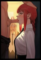 1boy 2025 2girls ai_generated arujal balls blowjob chainsaw_man female head_grab indoors makima_(chainsaw_man) male male/female penis power_(chainsaw_man) red_hair saliva tagme uncensored