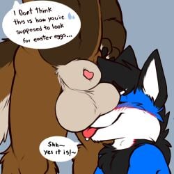 absurd_res animal_genitalia anthro ball_lick balls balls_on_face big_balls big_sheath blush canid canine canis cobalt_(texiefox) dialogue duo gaokun genitals hi_res kita_tanuki licking male male/male mammal oral penis penis_tip raccoon_dog sex sheath speech_bubble tanuki these_aren't_my_glasses tongue tongue_out wolf