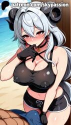 1boy 1girls 2025 ai_assisted ai_generated anime areolae_visible_through_clothing artist_name beach belly big_breasts big_chest black_gloves black_horns black_tank_top blush breasts bulge bust busty chest cleavage clothed_female covered_nipples curled_horns earrings erect_nipples erection eyebrows_visible_through_hair female female_focus gloves hi_res high_quality high_resolution highres horns jewelry large_breasts long_hair male_pubic_hair navel nipples_visible_through_clothing ocean patreon patreon_username pubic_hair red_eyes shorts silver_hair skypassion stable_diffusion straight tank_top very_long_hair watermark wuthering_waves zani_(wuthering_waves)