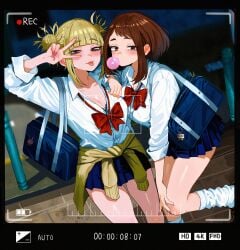 2girls absurdres bag bags_under_eyes battery_indicator black_bra blonde_hair blowing_bubble_gum blue_skirt boku_no_hero_academia bow bra bra_peek breasts brown_eyes brown_hair chewing_gum cleavage clothes_around_waist collarbone commentary_request double_bun female female_only gyaru hair_bun highres himiko_toga jacket jacket_around_waist large_breasts looking_at_viewer loose_socks medium_hair messy_hair multiple_girls my_hero_academia ochako_uraraka pink_nails recording red_bow school_bag school_uniform shirt sidelocks skirt socks toga_himiko tongue tongue_out underwear uraraka_ochaco v v_over_eye viewfinder white_shirt white_socks zd_(pixiv6210083)