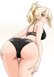1girls ass ass_focus bent_over black_bra black_panties blonde_hair blush bra breasts closed_mouth commentary from_behind highres large_breasts looking_at_viewer love_live! love_live!_nijigasaki_high_school_idol_club medium_hair miyashita_ai panties ponytail red_eyes solo thighs underwear yopparai_oni