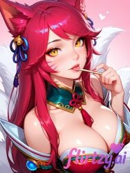 ahri ai_generated and anime armor armor, at background, big blush, breasts, busty, character, cleavage, cute detailed details, ears, elegant expression, eyes, fantasy fantasy, feline female, flirtatious flirty flirty, flirtzy.ai, fluffy fox gesture, girl, glowing golden hair, heart implication kemonomimi, kitsune, lewd licking lighting, lips, lollipop, long look, looking magical mischievous motifs, oc:flirtzy original outfit, pink pose, posture, seductive setting, sexy sexy, shiny skin, smile, soft solo solo, stare, suggestive, symbol, tails, teasing, viewer, yellow