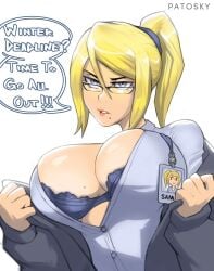 bespectacled black-framed_eyewear black_cardigan blonde_hair blue_bra blue_eyes bra breasts bursting_breasts cardigan cleavage commentary english_commentary english_text female glasses grey_shirt hair_between_eyes highres id_card lace lace-trimmed_bra lace_trim lanyard large_breasts lips long_hair looking_at_viewer metroid mole mole_on_breast mole_under_mouth multiple_moles nintendo office_lady patosky ponytail samus_aran shirt solo speech_bubble underwear undressing white_background