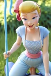 3d ai_generated blonde_hair blue_eyes bo_peep clothed disney penis penis_in_pussy pixar smile torn_clothes toy_story toy_story_4