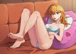 1girls armpit_crease ass_visible_through_thighs bare_arms bare_belly bare_legs bare_shoulders bare_thighs barefoot blush bra breasts cleavage collarbone feet knees_up lollipop lollipop_in_mouth love_live! love_live!_superstar!! lying lying_on_back lying_on_sofa medium_breasts medium_hair on_couch orange_hair panties purple_eyes shibuya_kanon sweatdrop thighs toes underwear underwear_only white_bra white_panties yzlkun