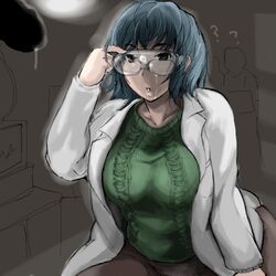 1girls ? aran_jumper blue_eyes blue_hair breasts cum facial female female_focus goggles labcoat large_breasts lowres safety_goggles solo_focus supopo sweater