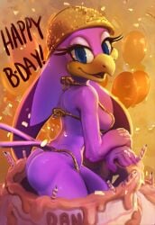 absurd_res anthro ass avian balloon bikini bird birthday blue_eyes breasts cake clothing dessert drxsmokey female food gold_bikini hi_res inflatable purple_body sega solo sonic_(series) sonic_riders sonic_the_hedgehog_(series) swimwear tail two-piece_swimsuit wave_the_swallow