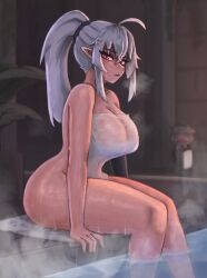 frostwallart geega red_eyes sitting_on_poolside thick_ass thick_thighs towel_over_breasts vshojo white_hair
